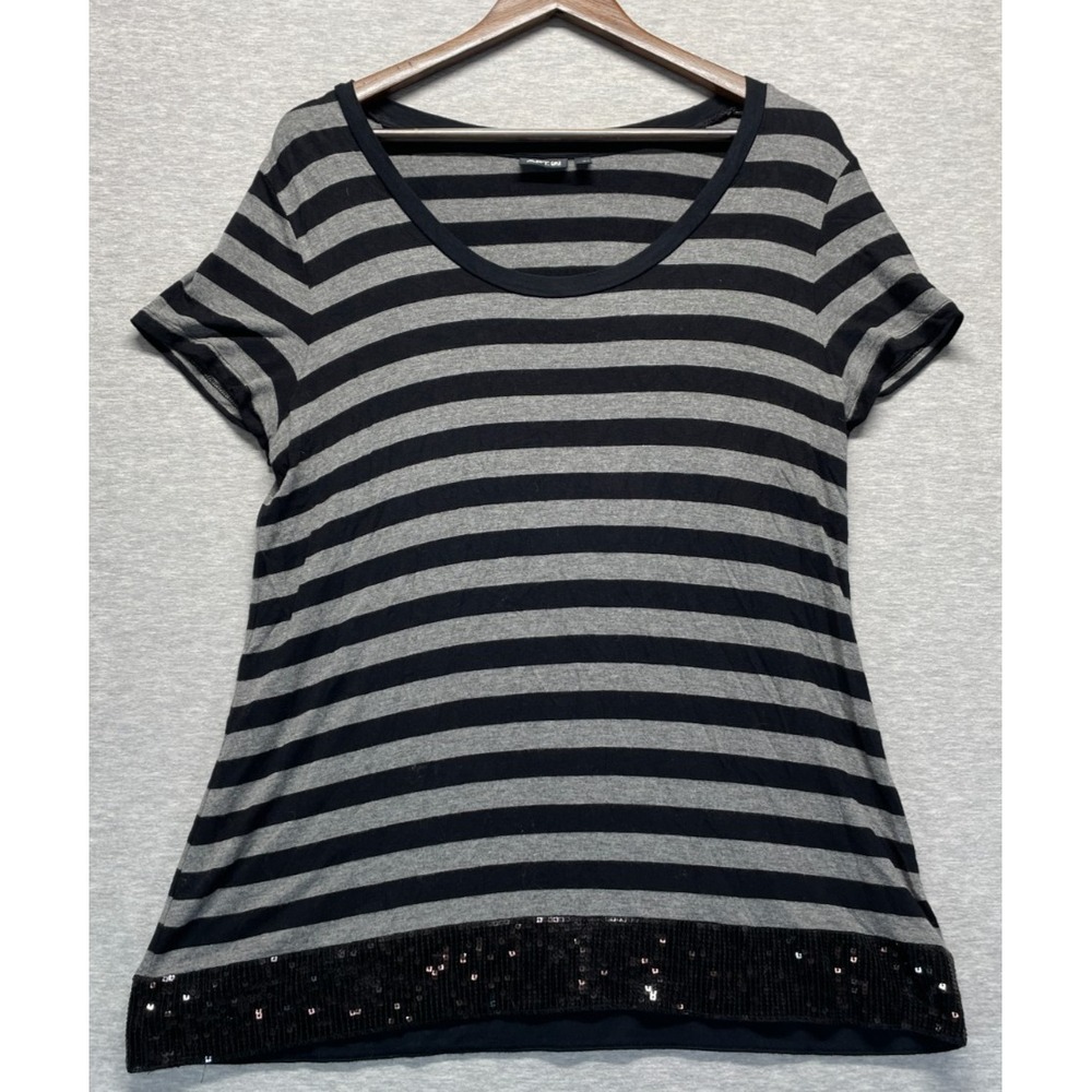 Apt. 9 T Shirt Womens XL Gray Black Striped Rayon Sparkly Sequin Hem Scoop Neck